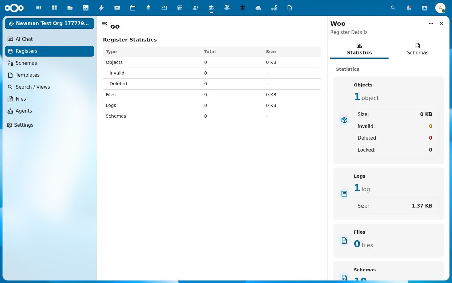 The detail panel with statistics for the Woo register: number of objects, logs, files, and schemas