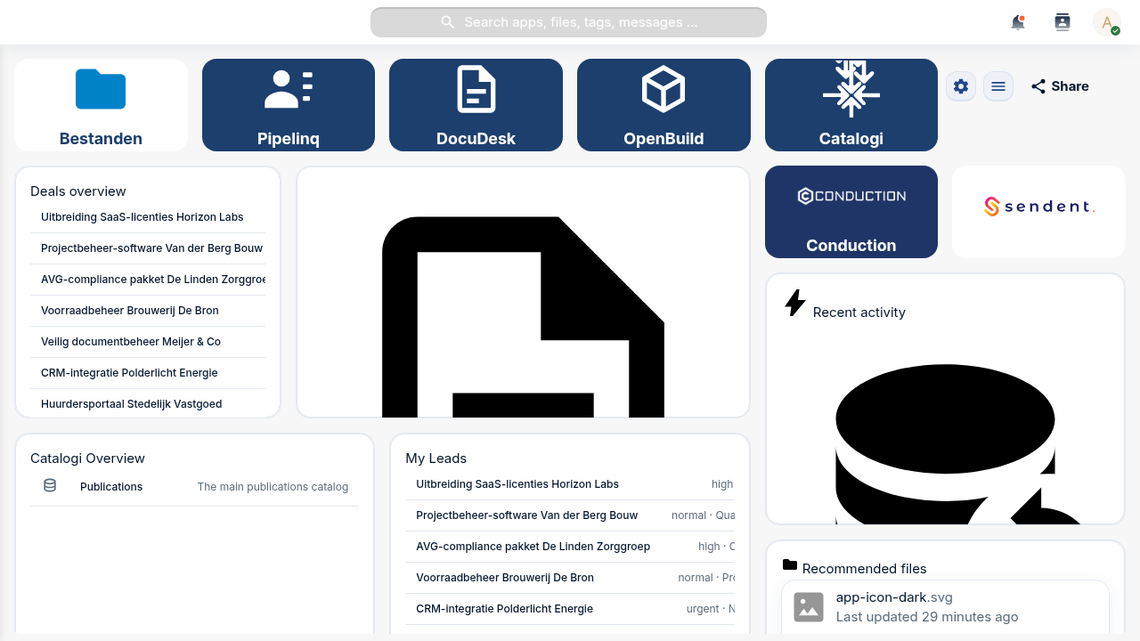 A LaunchPad dashboard: a top row of coloured shortcut tiles (Files, Pipelinq, DocuDesk, OpenBuild, Catalogi, Conduction, Sendent, Nextcloud) above a grid of live widgets — Deals overview, My Leads, Catalogi overview, Recent activity and Recommended files — each rendering real Nextcloud data.