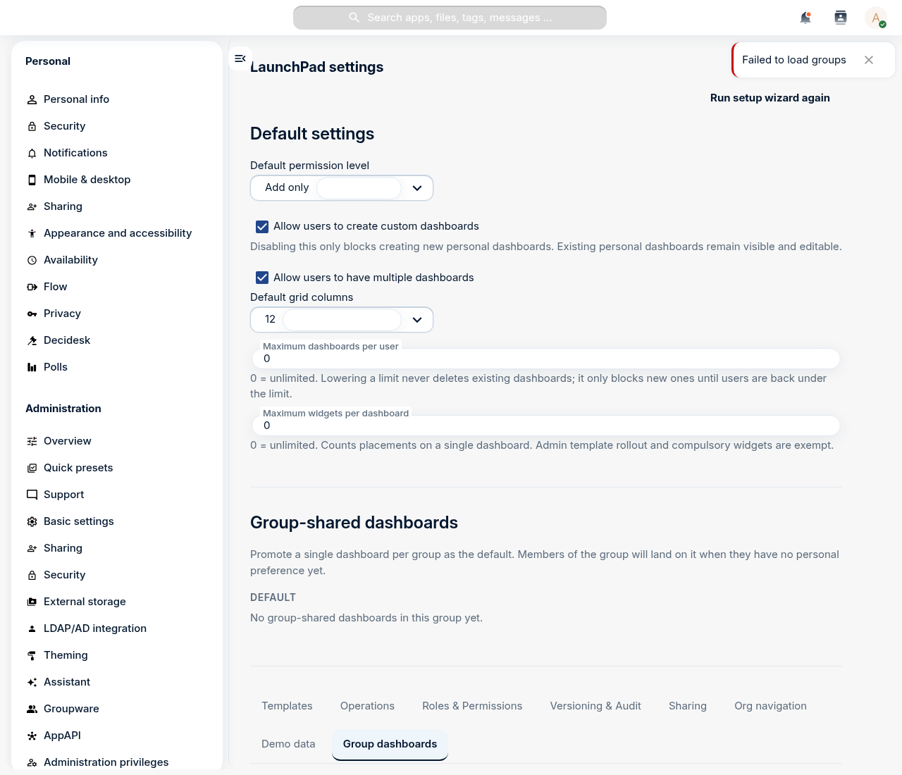 The LaunchPad administration settings page: default settings (permission level, allow custom dashboards, grid columns, per-user and per-dashboard limits), a group-shared dashboards panel, and a tabbed 'Beheer' strip with Templates, Operations, Roles & Permissions, Versioning & Audit, Sharing, Org navigation, Demo data and Group dashboards.